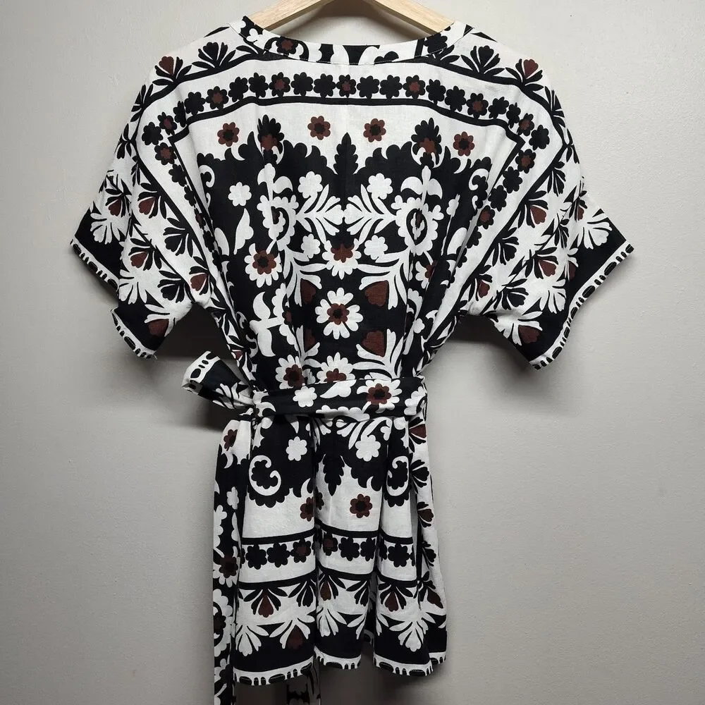 Ann Taylor Linen Blouse Top Women Size M White Floral Waist Tie Casual Feminine - Picture 6 of 9